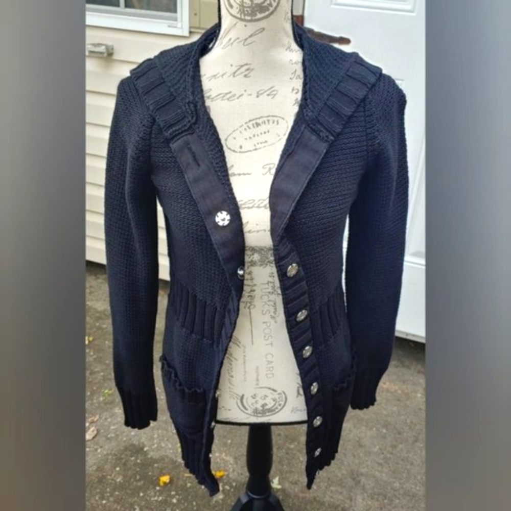 ✨Hand Re-Dyed✨Sweet Romeo Chunky Knit Black Hooded Pocket Cardigan M